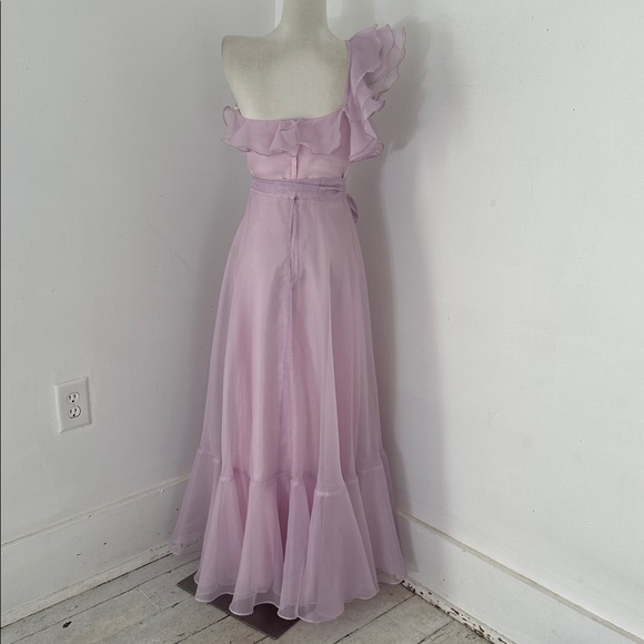 Vintage 70s Purple Ruffle One Shoulder Chiffon Maxi Dress Angelic Cottage Core - Picture 4 of 6